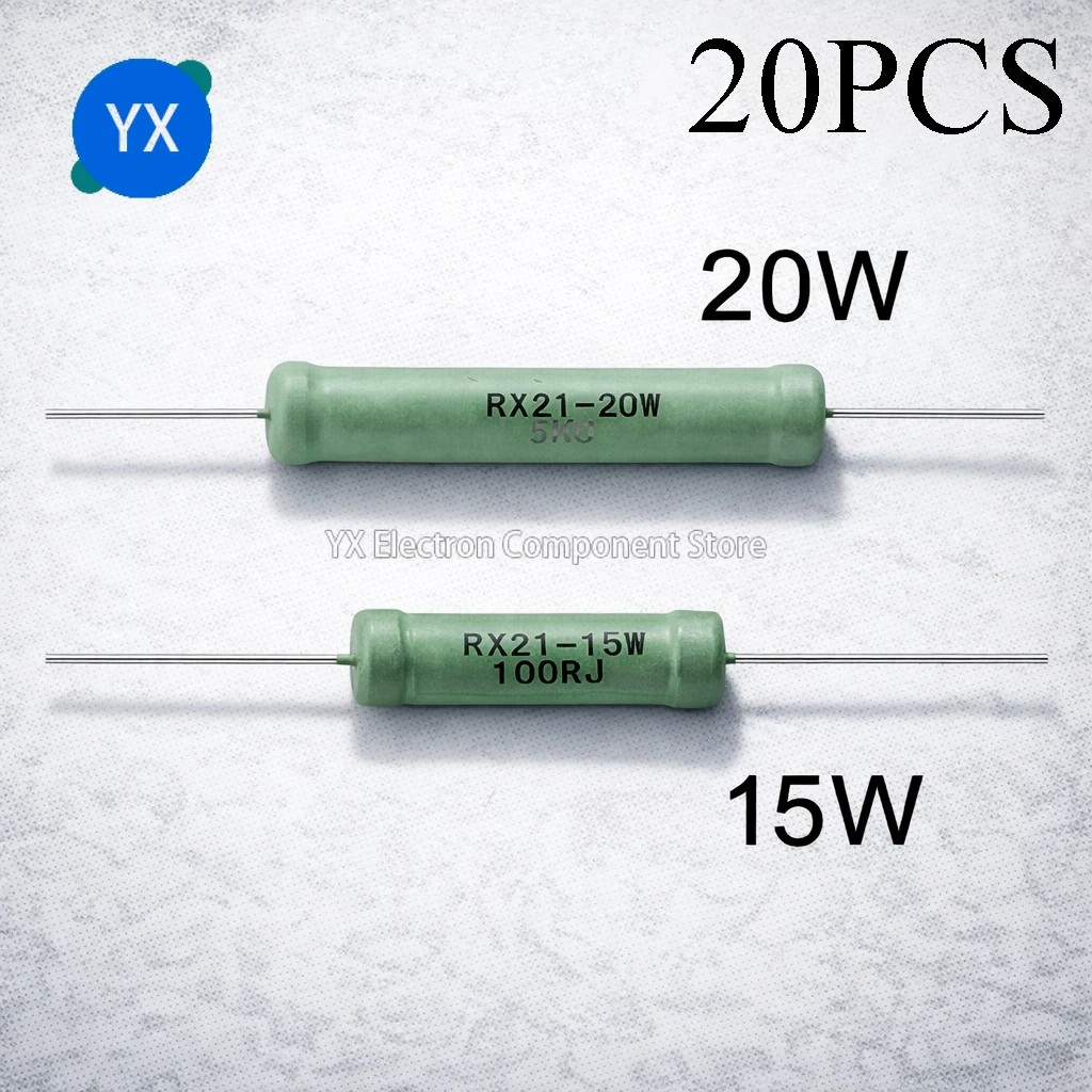 

20 шт. проволочных резисторов RX21 15W 20W, допуск 5%, сопротивление 0.1 0.2 1 2.2 3.3 4.7 6.8 10 22 47 100 220 330 470 680 Ом, 1K 10K 12K 15K Ом