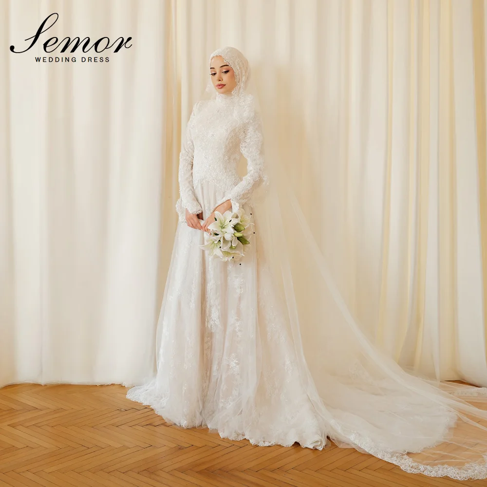 Semor Wunderschöne A-Linien-Brautkleider mit Spitzenapplikationen, muslimische Perlenstickerei, hoher Ausschnitt, volle Ärmel, Falten, свадебное платье, maßgeschneidert, 2027