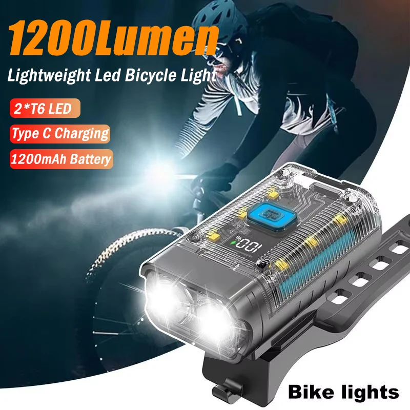 

1200LM T6 LED Bicycle Lights Cycling Front Lamp TYPE-C Rechargeable MTB Road Bike Headlight Lantern Lighting for Night Riding