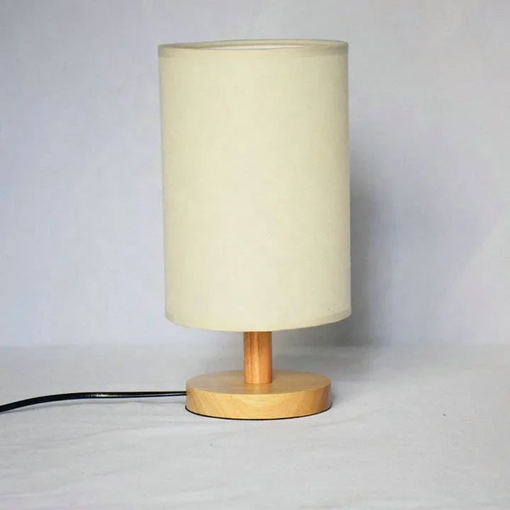 Nordic Simple Bedside Table Lamp Cylinder Linen Fabric Lampshade Wooden Base Small Desk Lamp