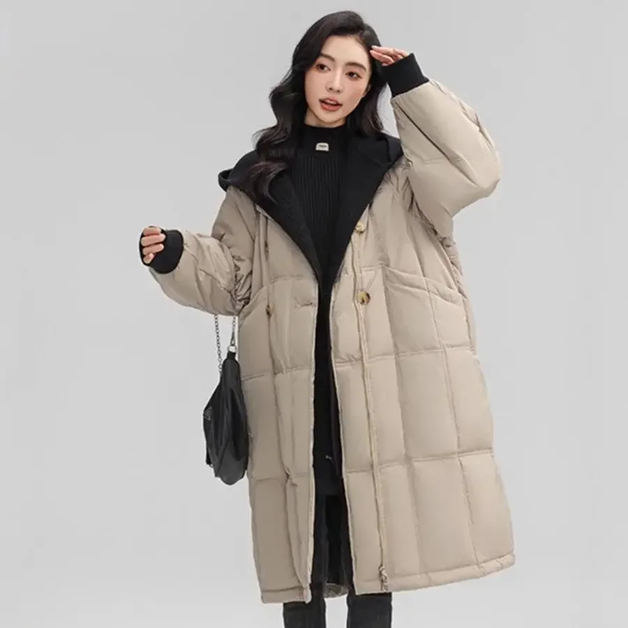 

Long White Duck Down Down Jacket Women 2024 Winter New Detachable Knitted Hooded Coat Double Breasted Loose Casual Parka Outwear