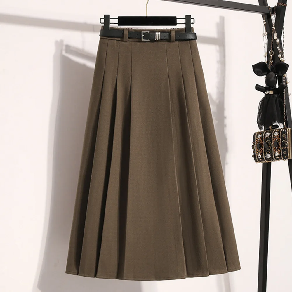 

New In Women's Autumn Winter Solid Color Woolen Pleated High Waist A-line Elegant Office Lady Midi Long Skirts