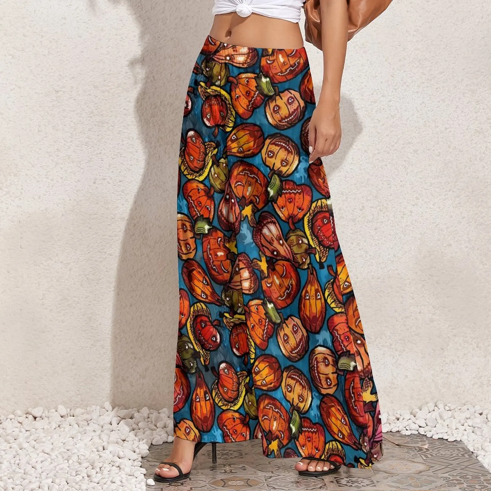 Pumpkins And Ghost Pants Halloween Print Classic Wide Pants Female Oversized Street Style Custom Straight Trousers