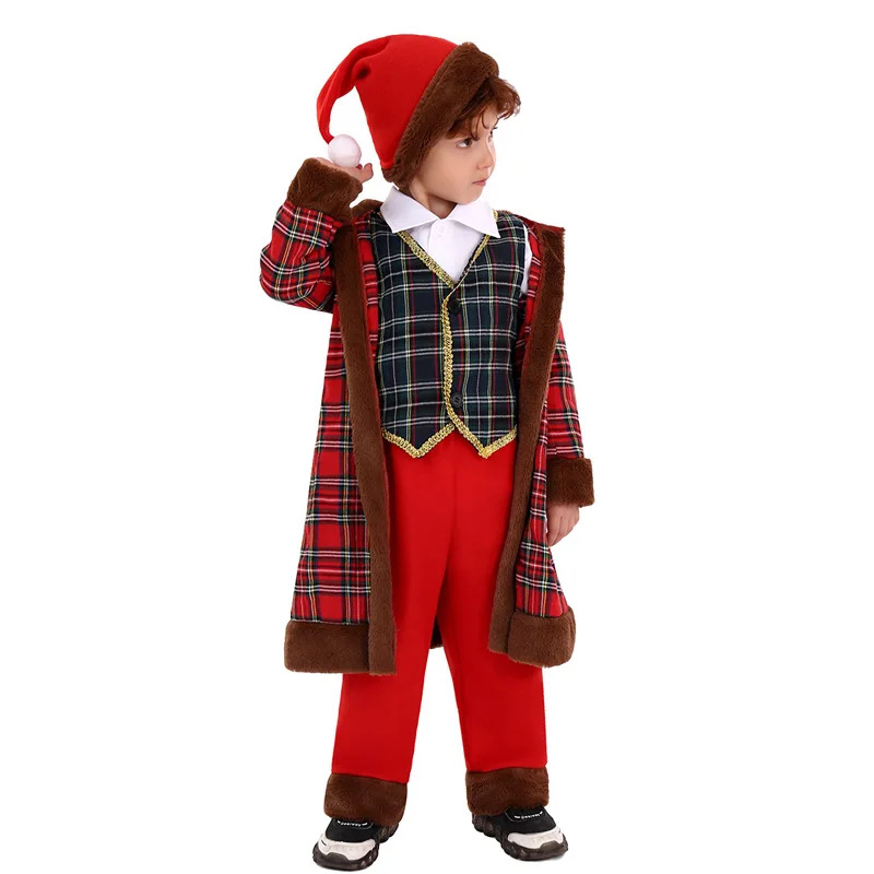 

Plaid Santa Costume Boys and Girls Stage Performance Plaid Robe Vest and Santa Hat Holiday Cosplay Clothes Christmas Gifts Suit