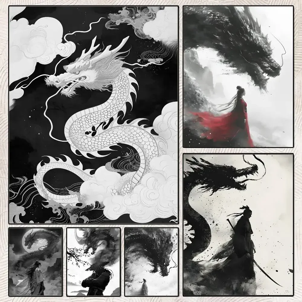Kunstposter im asiatischen Tintenstil mit Drachen-Schattenwellen, HD-Poster, selbstklebend, wasserfest, ideal für die Dekoration von Wohnzimmer, Schlafzimmer, Bar