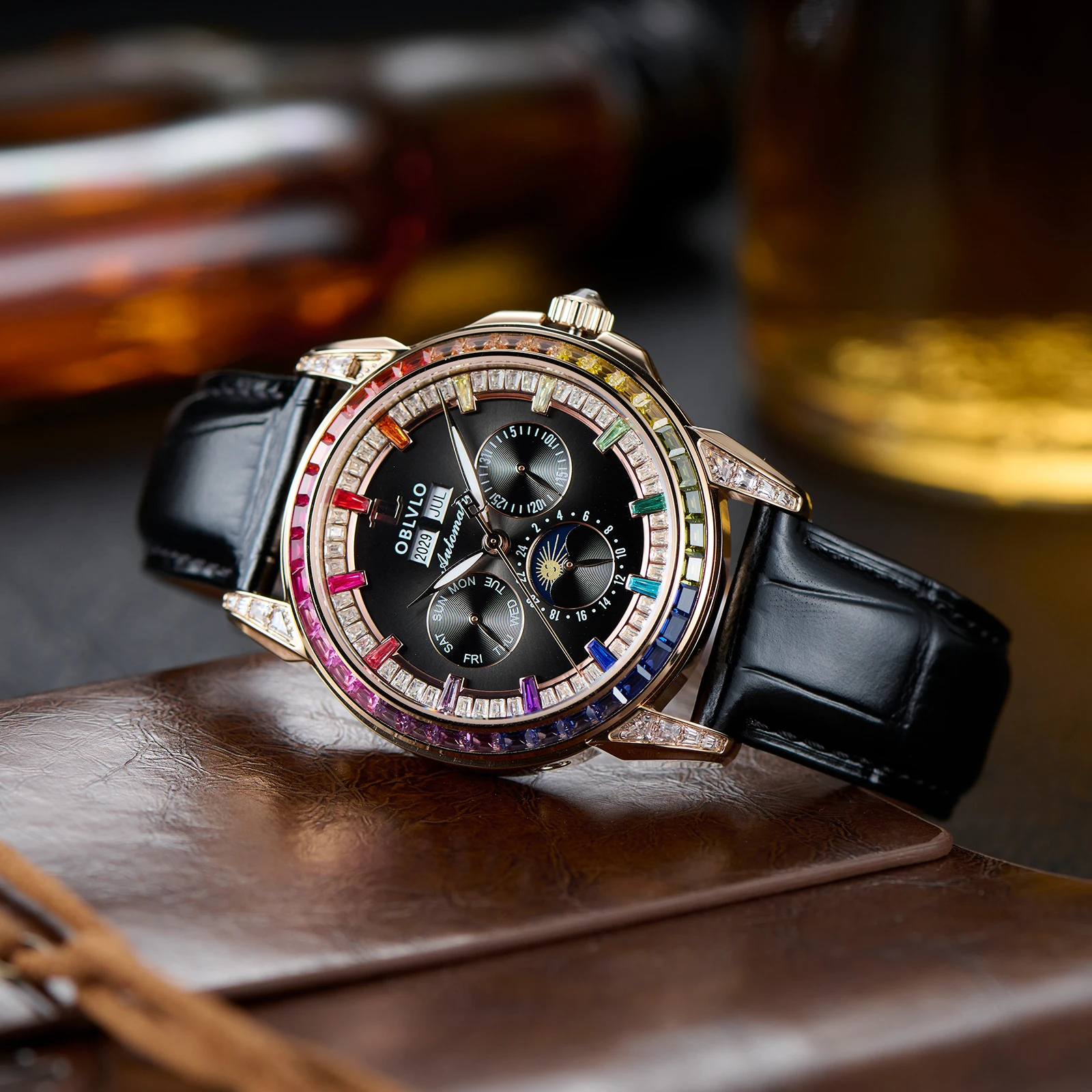 

OBLVLO брендовые мужские многофункциональные автоматические часы с фазой Луны и цветными бриллиантами, черный кожаный ремешок, механические Relojes GCM