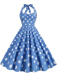 Casual Polka Dot Halter Summer Dresses Women Vintage Elegant Rockabilly Party Vestidos