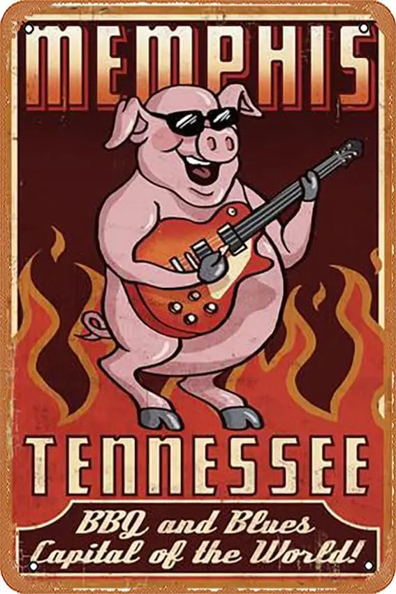 Metal Tin Sign   - Memphis, Tennessee - Guitar Pig - Poster Metal Plaque Cafe, Bar, Home Wall Decor