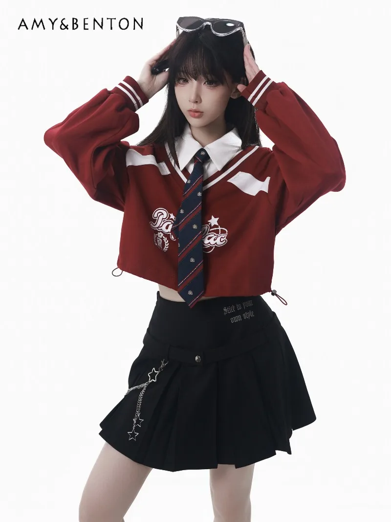 الأمريكية الساخنة فتاة Preppy نمط البلوز بدلة رياضية وهمية قطعتين البلوز منقوشة بناطيل كاجوال Harajuku نمط شيك البدلة