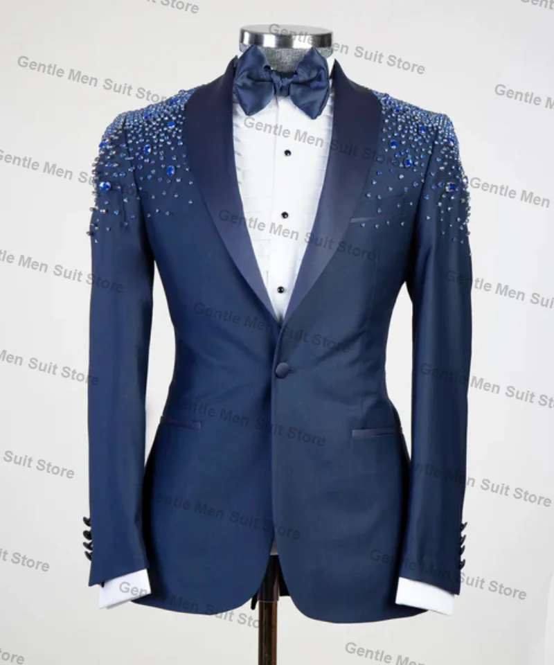 

Blue Men Suits Set 2 Piece Blazer+Black Pant Luxury Crystals Wedding Tuxedo Coat Customized Formal Office Jacket Trouser