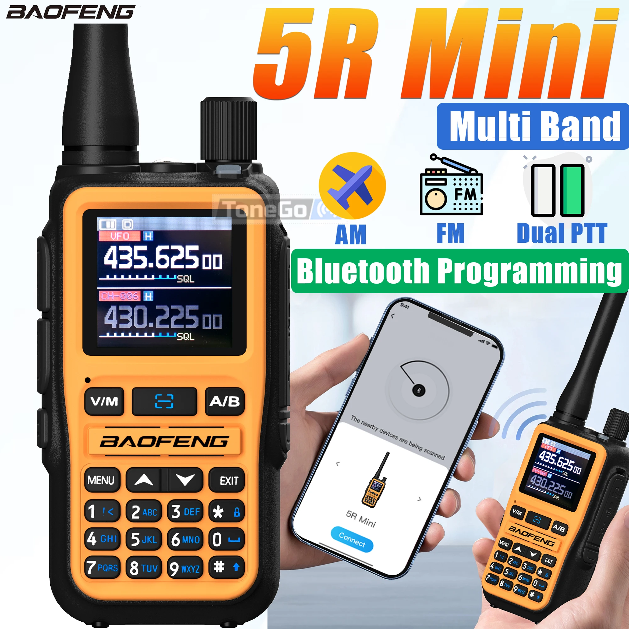 Baofeng 5R-Mini Walkie Talkie UV-5R Mini Bluetooth Programming Dual PTT Type-C Charger AM FM Multi Band 999CH DTMF Two Way Radio