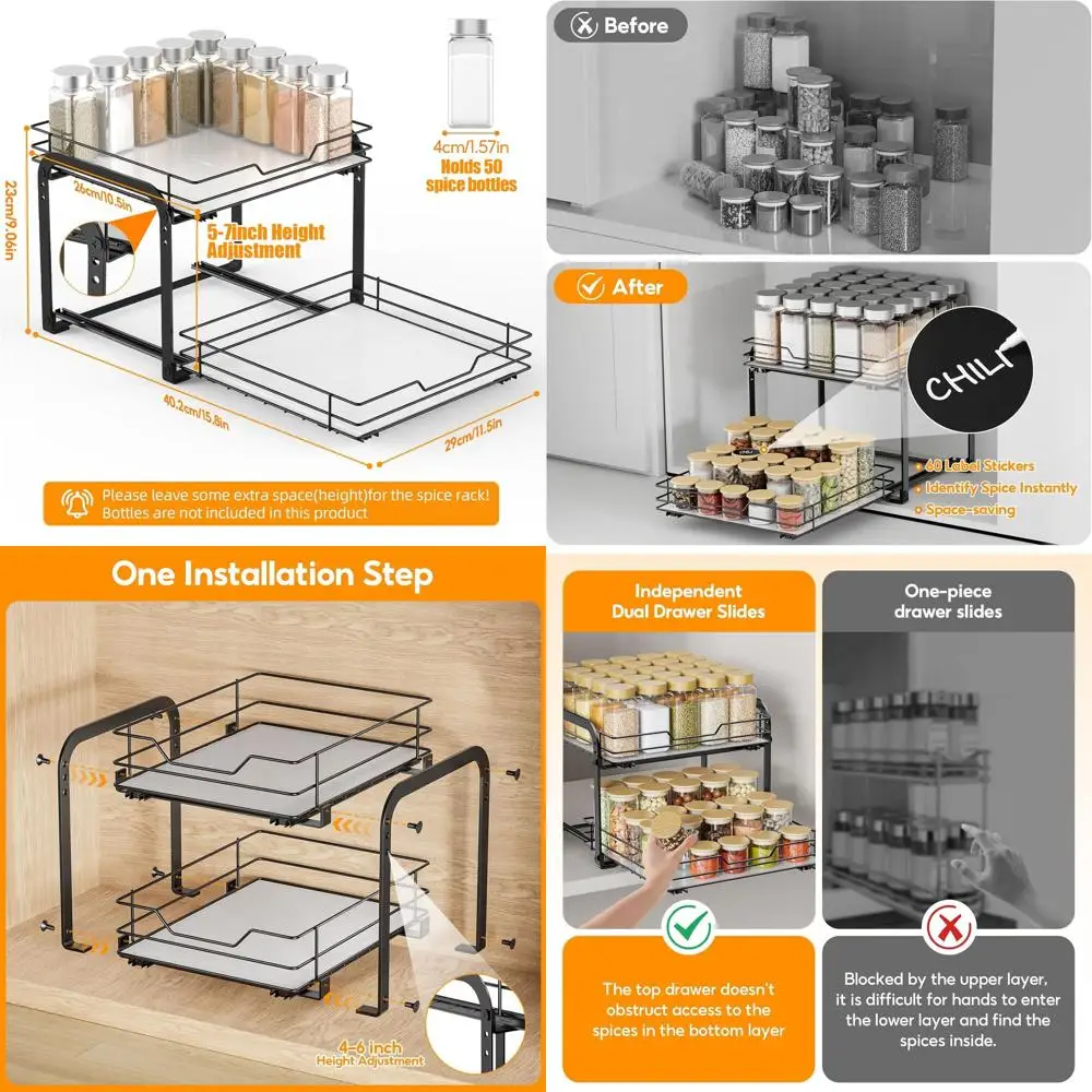

2-Tier Metal Cabinet Spice Rack - Heavy Duty, Adjustable Height, Holds 50 Jars, 11.5W x 10.5D x 9H, Black