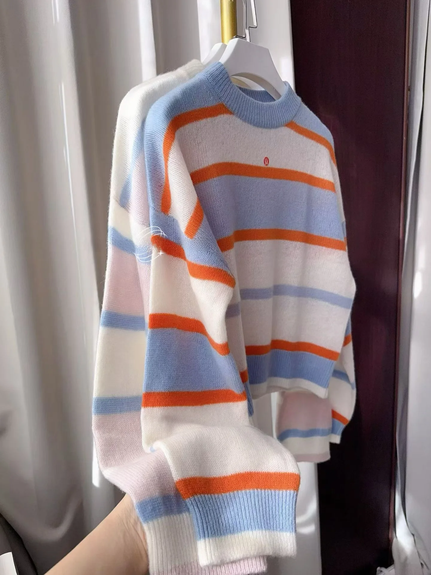 

00% Camere round Ne Sweater Women's Loose Fit Stripe Pattern Sweetened Age-Defng Knitted Top Comfortable Lightweight
