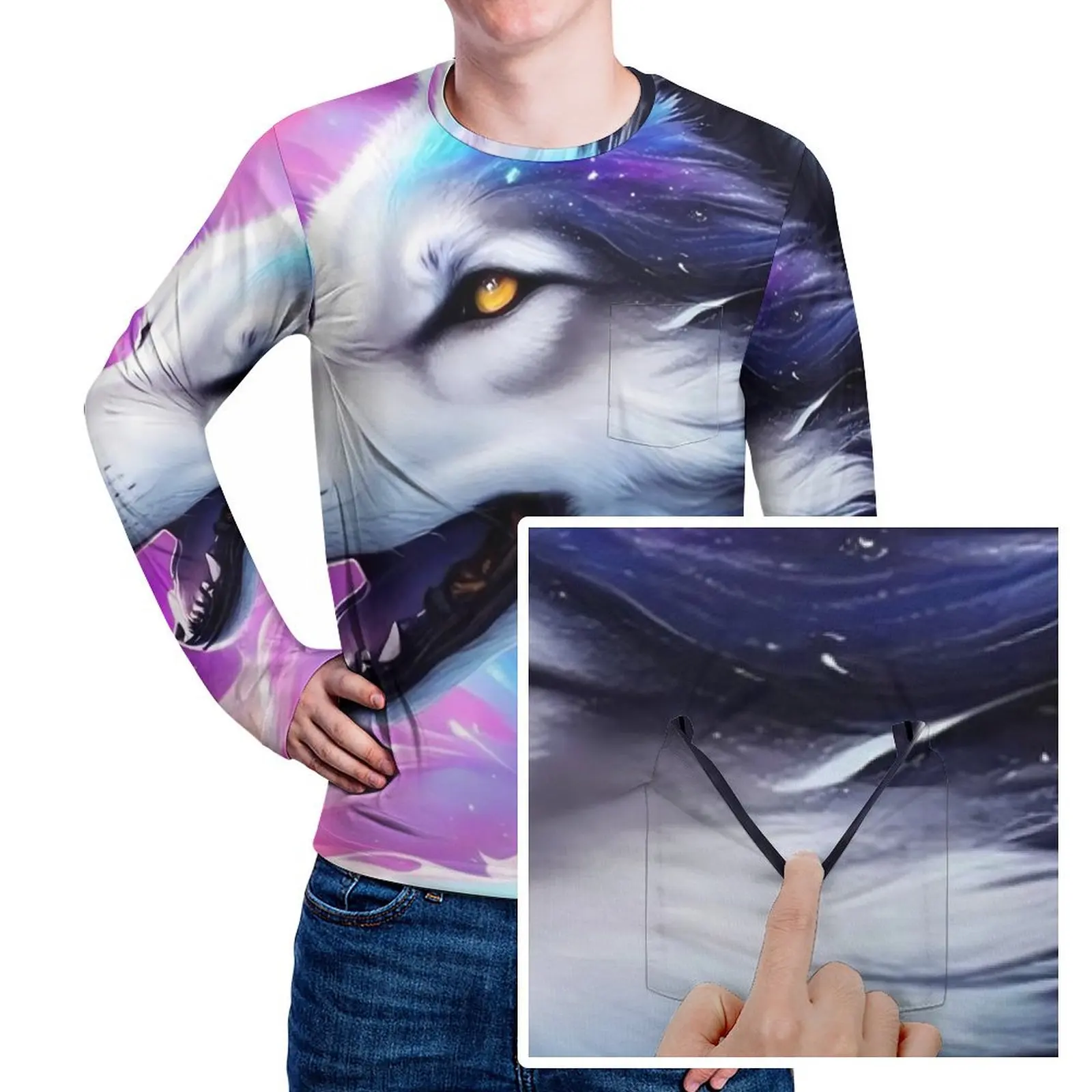 Dreamy Wolf T Shirt With Pocket Animal Print Retro T Shirts Men Classic Tshirt Long Sleeve Custom Tees Plus Size 4XL 5XL