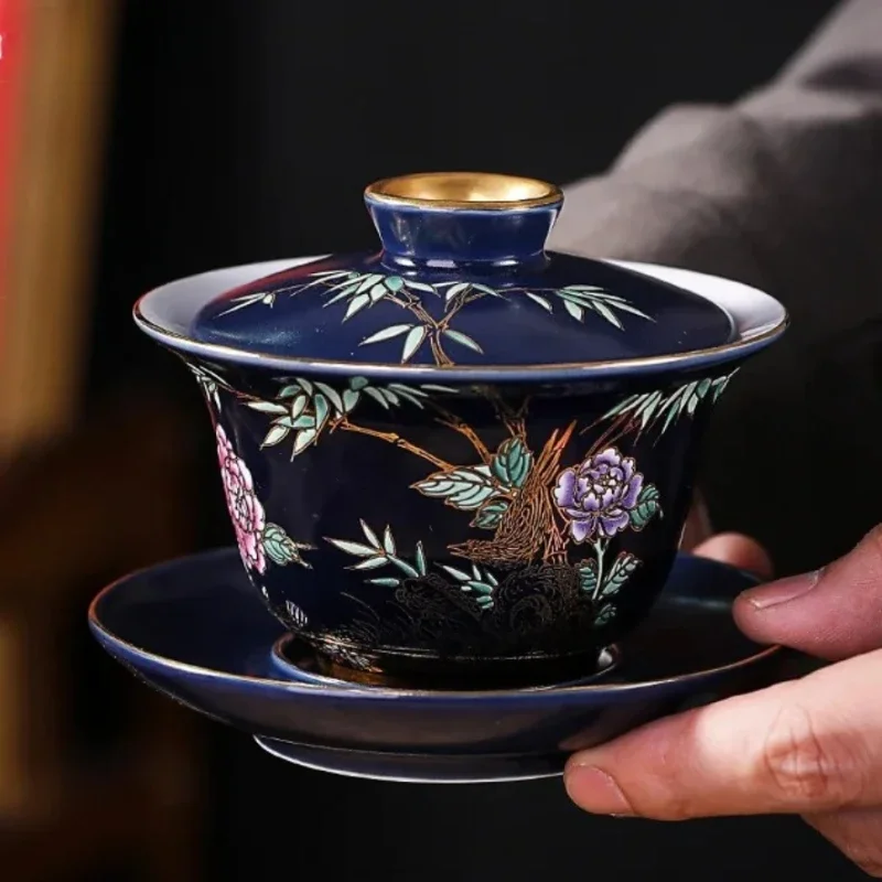 أكواب شاي سيراميك أزرق كوبالت مع حواف ذهبية - طقم شاي كونغ فو مصنوع يدويًا، حفل زين وصندوق هدايا مكون من 6 قطع للمنزل والهدايا