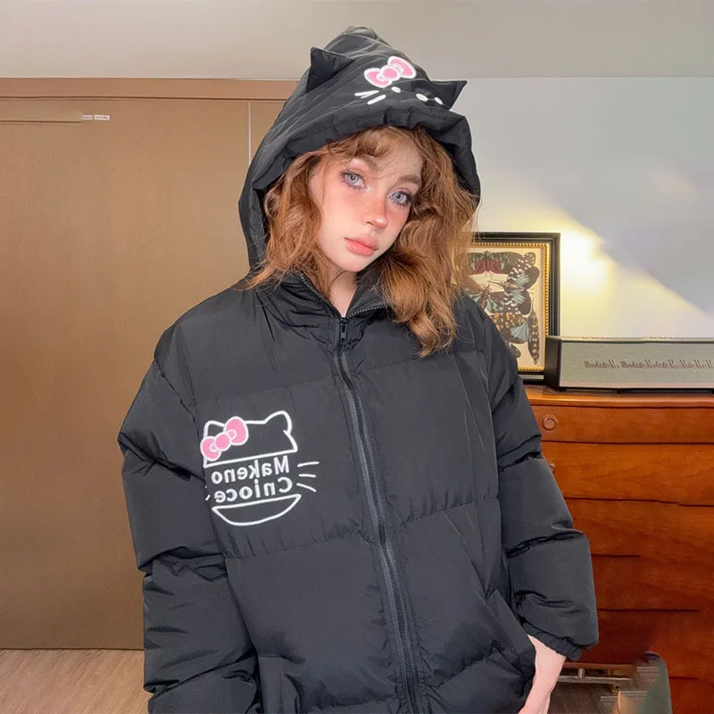 Sanrios Hello Kittys Women Down Jacket Anime Kawaii Winter Thicken Cotton Clothes Cute Parkas Coat Student Teenage Hooded Jacket