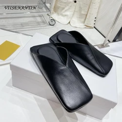 Blue White Soft Real Leather Flat Mules for Woman High Quality Luxury Designer Slip on Slides Leisure Comfortable Dress Shoe