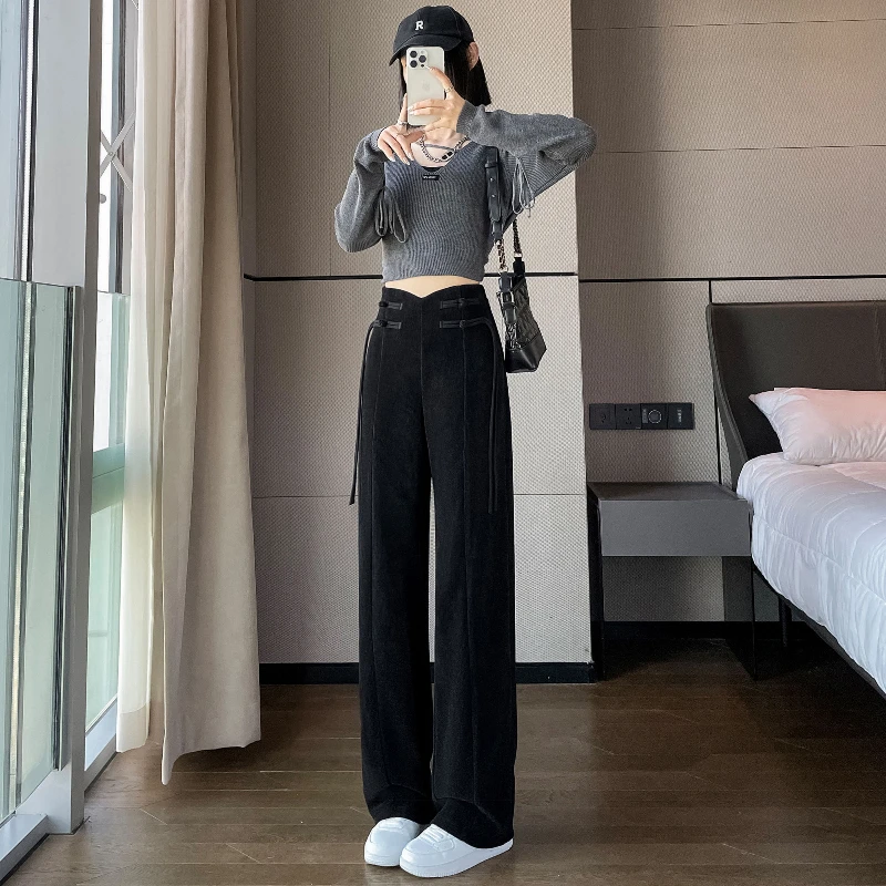 Autumn Winter New Fashion Elastic Waist Solid Lacing Corduroy Women's Clothing Korean Wide Leg Trousers Loose All-match Pants