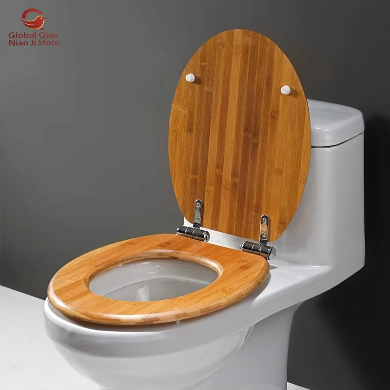 Solid Wood Toilet Seat, Thickened Universal, Old-style Bamboo Toilet Lid, OVU Shape Solid with Dual Soft-close & Waterproof
