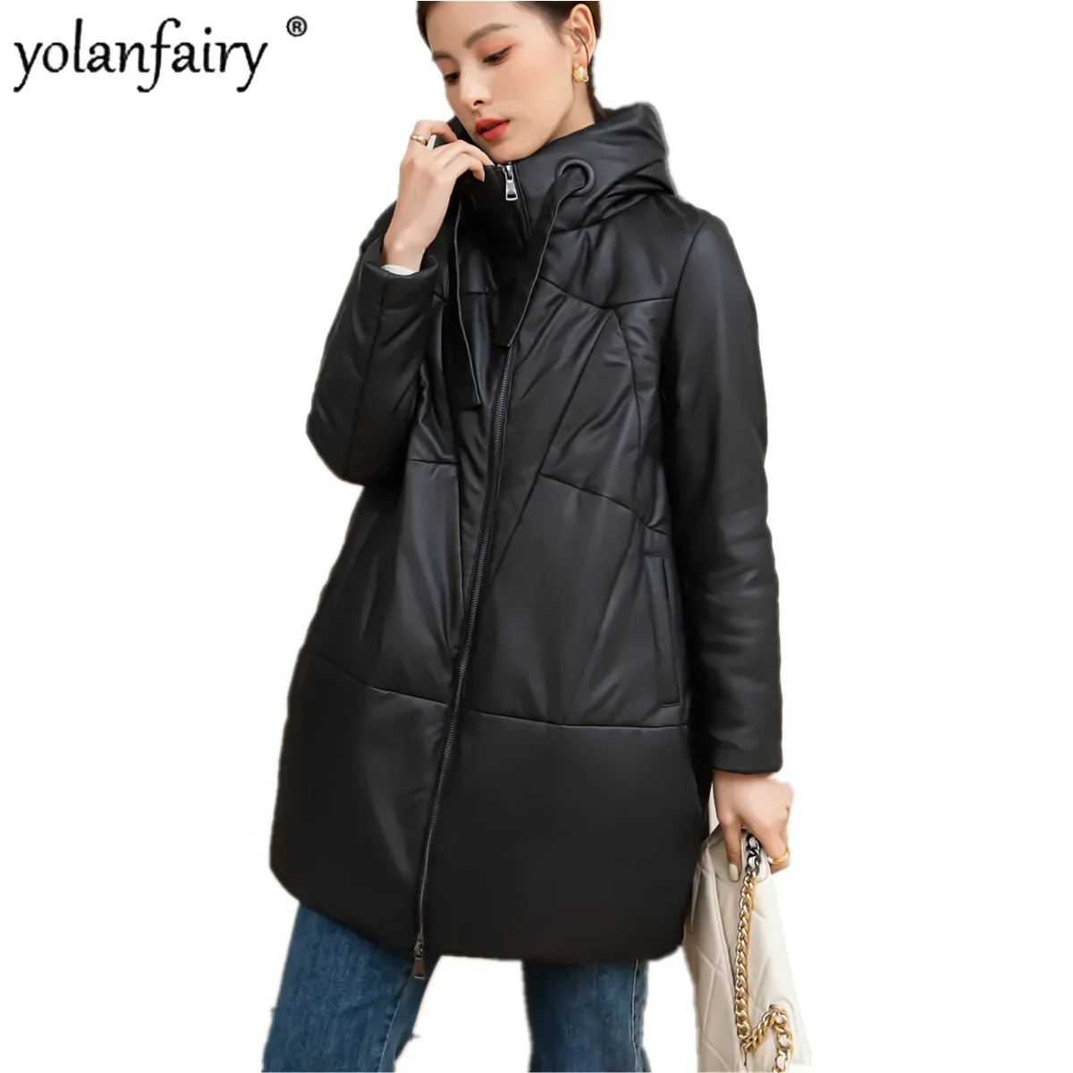 YOLANFAIRY سترة نسائية من الجلد الطبيعي معطف شتوي من جلد الغنم للنساء متوسطة الراقية سترات سميكة كبيرة الحجم ملابس الخريف