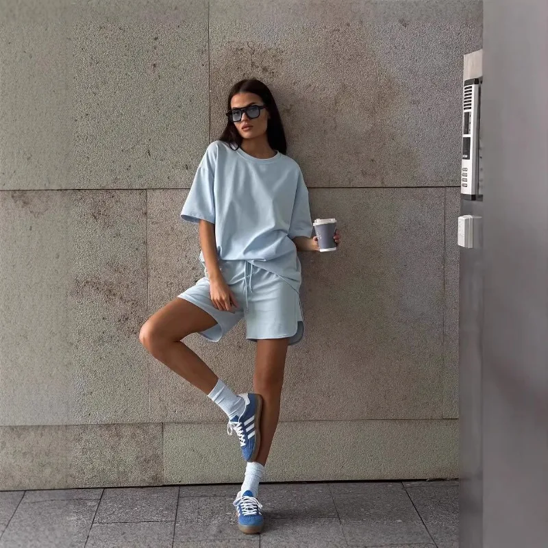 

Комплекты из мягкого хлопка FRAYA LAB для женщин, новинка 2026 года: повседневные футболки с коротким рукавом и шорты с высокой талией, однотонные комплекты, спортивный костюм