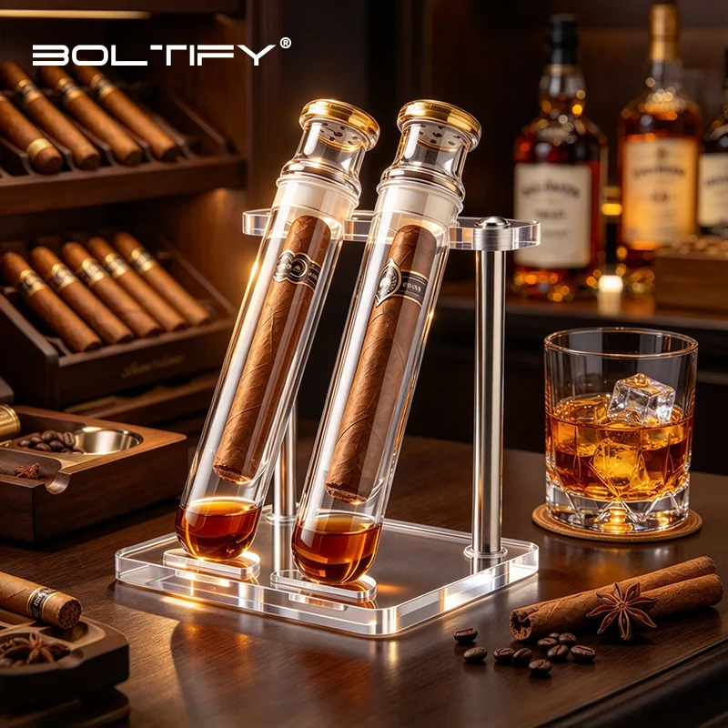 BOLTIFY For Cigars Lovers Enthusiasts Clear Infuser Glass Tube Kit With Humidifier Acrylic Base, Aromatherapy Display Rack