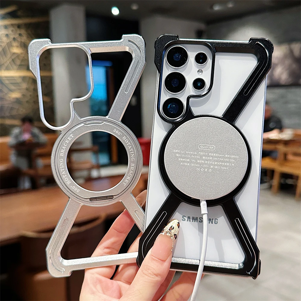 

Безрамный чехол для телефона с металлическим каркасом для Samsung Galaxy S25 Ultra S24 S23, магнитное кольцо-подставка, противоударный бампер, бронированный чехол