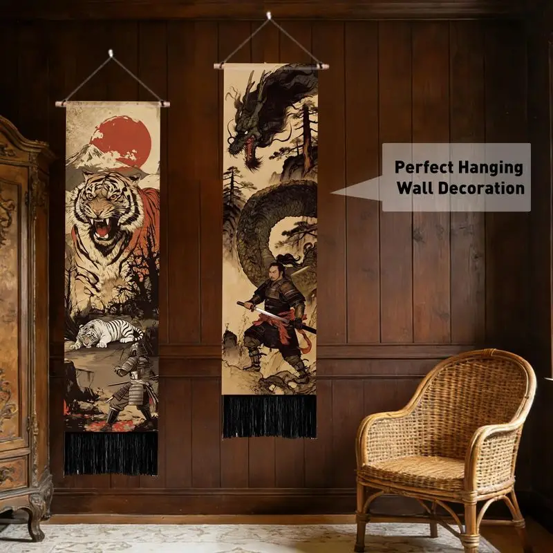 VIKAMA Japanese Samurai Tiger Dragon Long Tassel Tapestry Vintage Ukiyo e Art For Bedroom Dorm Asian Room Wall Decor