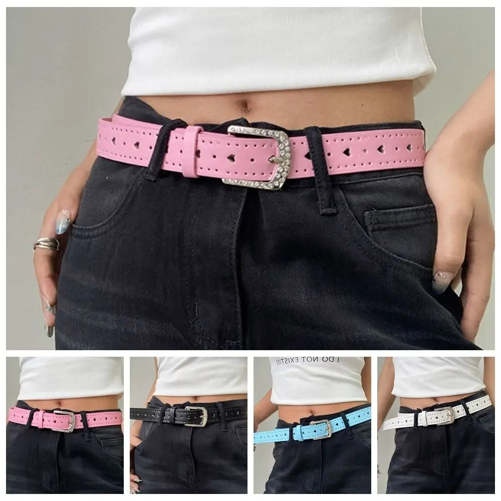 

Love Heart Rhinestone Waist Belt Punk Trouser Decoration Y2K Wide Belt Korean Style Skirt Accessories PU Leather Waistbands