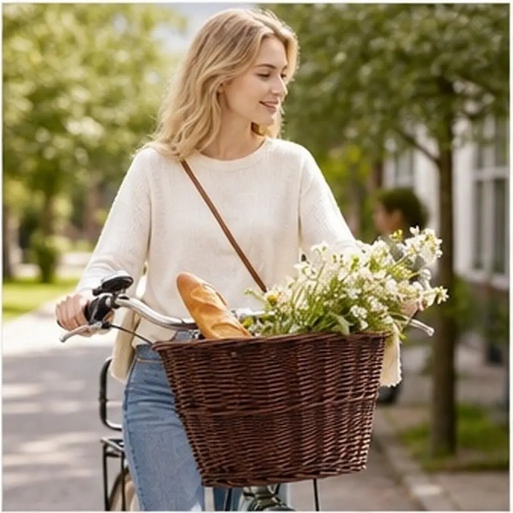D Shape Kids Bicycle Basket Handmade Woven Front Handlebar Detachable Wicker Bike Storage Basket Cycling