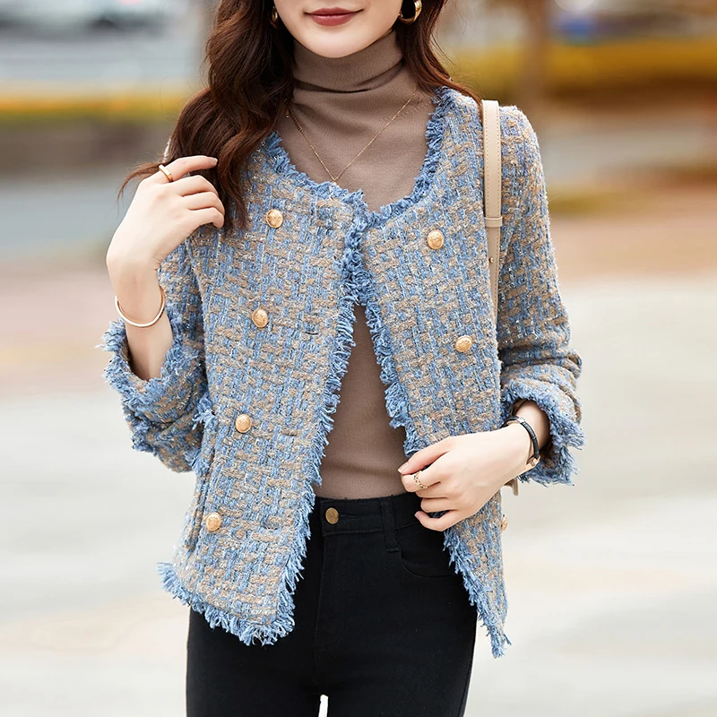 

Women Vintage Tweed Tassel Y2K Jacket Double breasted Long Sleeve Coat 2023 Female Winter Jacquard Tops High Quality Clothing