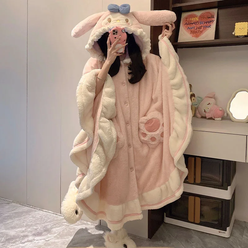 Anime My Melody 2 pezzi pigiama caldo peluche set Sanrio Kawaii inverno carino homewear per le donne camicia da notte in velluto corallo mantello ispessito