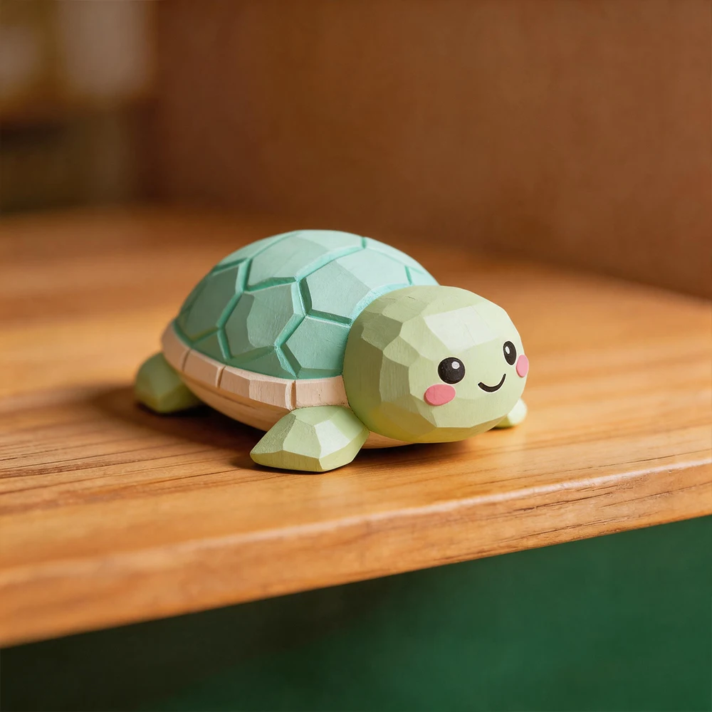 Hand Carved Wooden Turtle Figurine Cute Green Tortoise Statue Natural Wood Desktop Home Office Shelf Decoration Pet Lover Gift