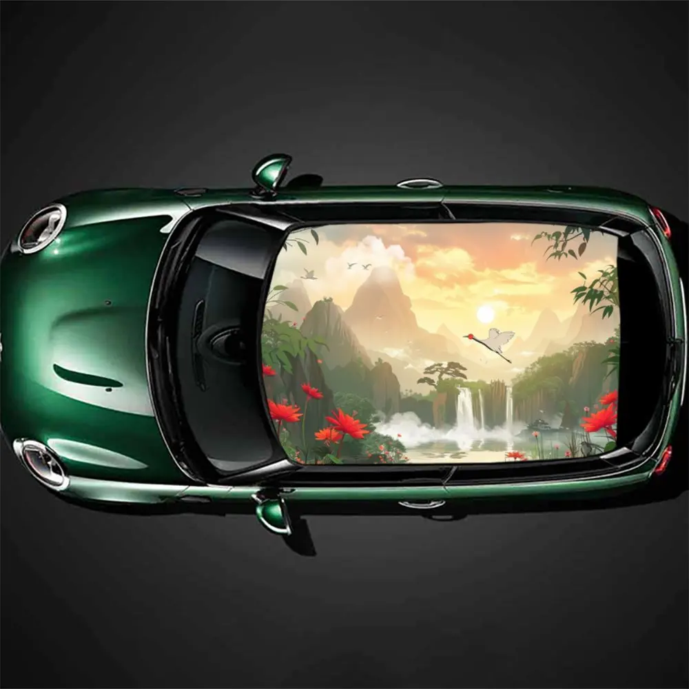 Sunrise Waterfalls Bird Print Car Roof Sticker Wrap Racing SUV Auto Accessories Packaging PVC Car Hood Graphic Decal Decoration