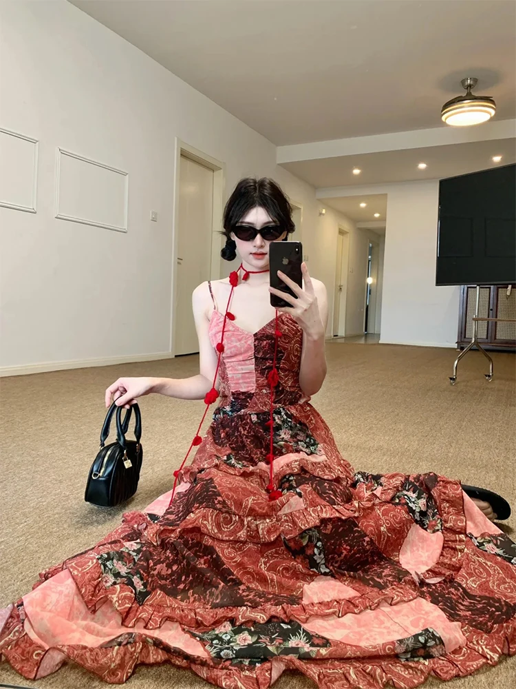 Elegância francesa emendado floral com decote em v sem mangas halter em camadas vestido feminino doce chique impressão praia férias estilo roupas de verão