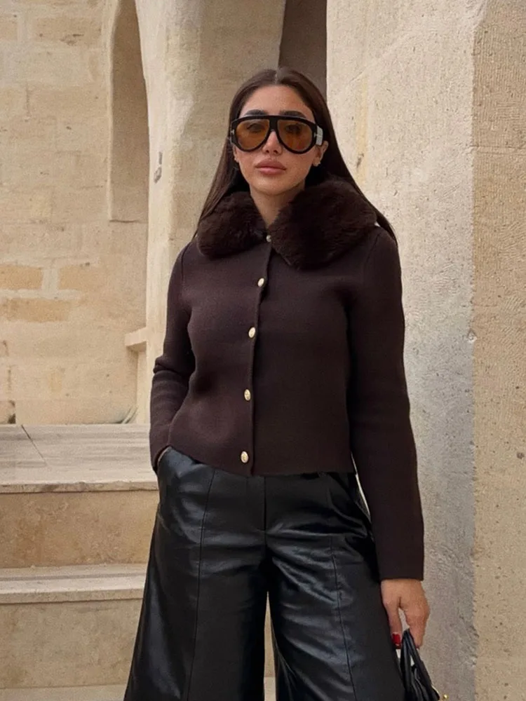 

HH Women Fashion Versatile High Street Solid Faux Fur Effect Lapel Jacket Female Elegant Single-breasted Casual Knitted Sweater