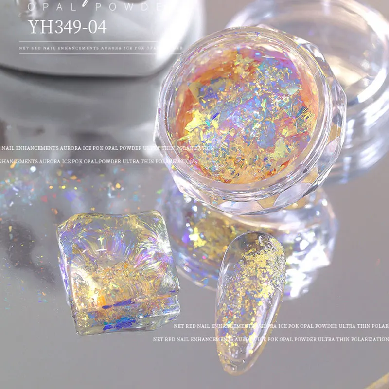 1jar Aurora Ice Crystal Opal Powder Nail Glitter Iridescent Dust Charm Nail Flakes Slice Sparkly Brocade Sequin Nail Decor 0.3G