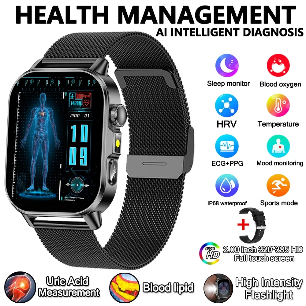 2026 Nieuwe Gezondheid Verpleging Grade Smart Horloge Mannen Bloedlipiden Urinezuur Tracker ECG + PPG Klok Bluetooth Oproep Smartwatches Mannen vrouwen - afbeelding 1