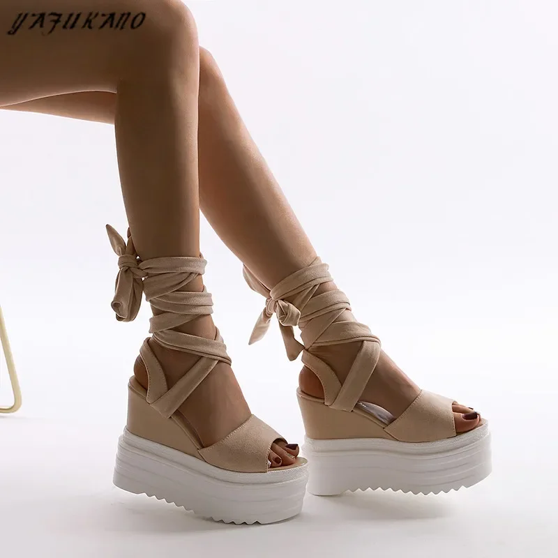 14Cm Wedges Women Sandals Summer New Cross Strap High Heel Sandals Korean Simple Fashion Thick Sole Platform Peep Toe High Heels