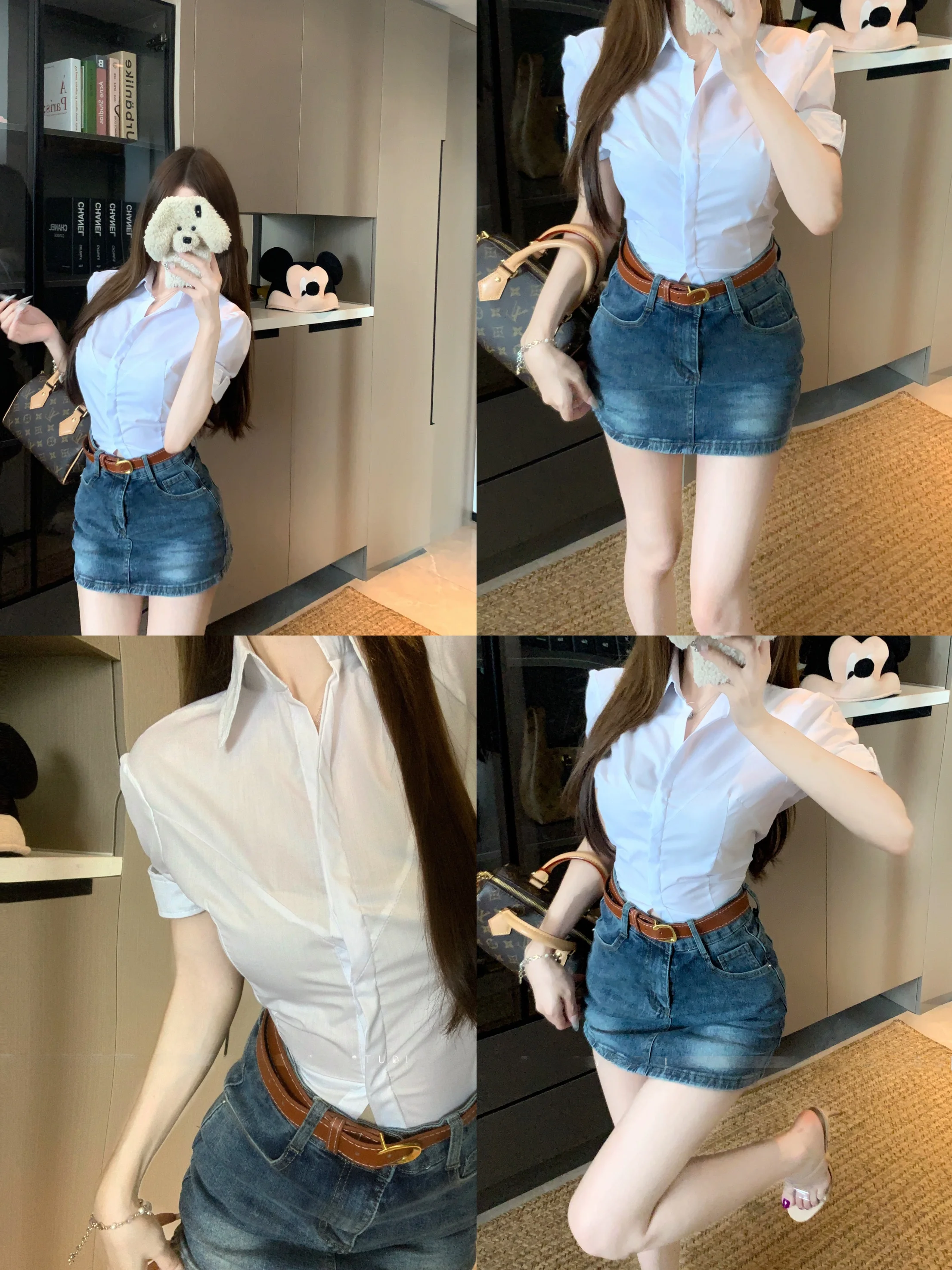 

White Slim Fit Neck Short Sleeve Women's Shirt Spring Fashion Set with Waist Belt Denim Skirt Three Piece Set