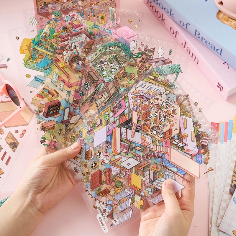 49 pieces/bag Miniature Scene Sticker Book Sunshine Town 3D Cartoon Houses DIY Landscape Decorative Stickers Free Gift with Purc