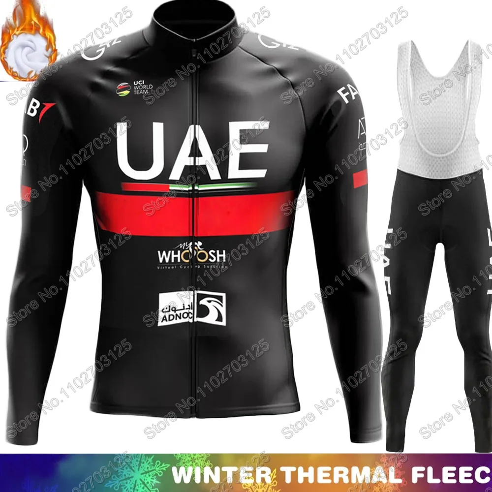 New UAE 2024 Cycling Jersey Set Winter Thermal Fleece Black TDF Clothing Long Sleeve Road Pants Bib Bike Suit MTB Maillot  Ropa