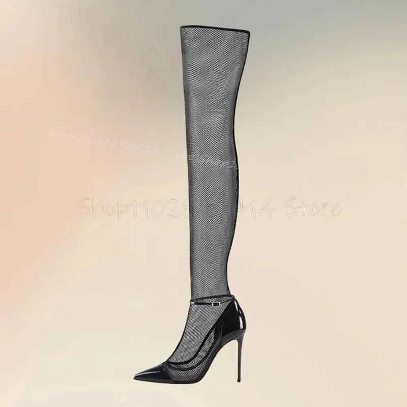 Black Mesh Patent Leather Pointed Toe Boots Ankle Buckle Strap Women Shoes Thin High Heels Sexy Fashion 2024 Zapatos Para Mujere