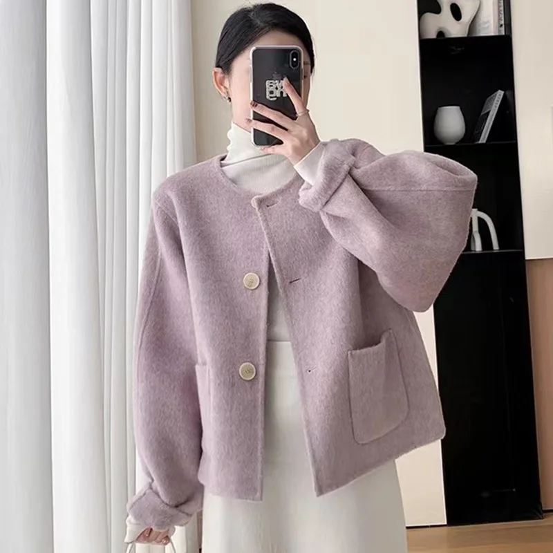 

Wool Tencel Round Neck Double-sided Wool Coat, Loose Single-breasted Women's Coat Manufacturers Wholesale 2025 Autumn and Winter