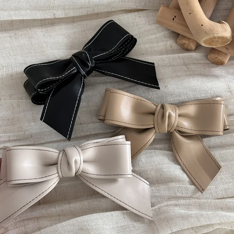 Pure Color Soft Leather Sweet Girl Bow Barrettes Hairpin Spring Clip Bang Clip Side Clip Hair Accessories New