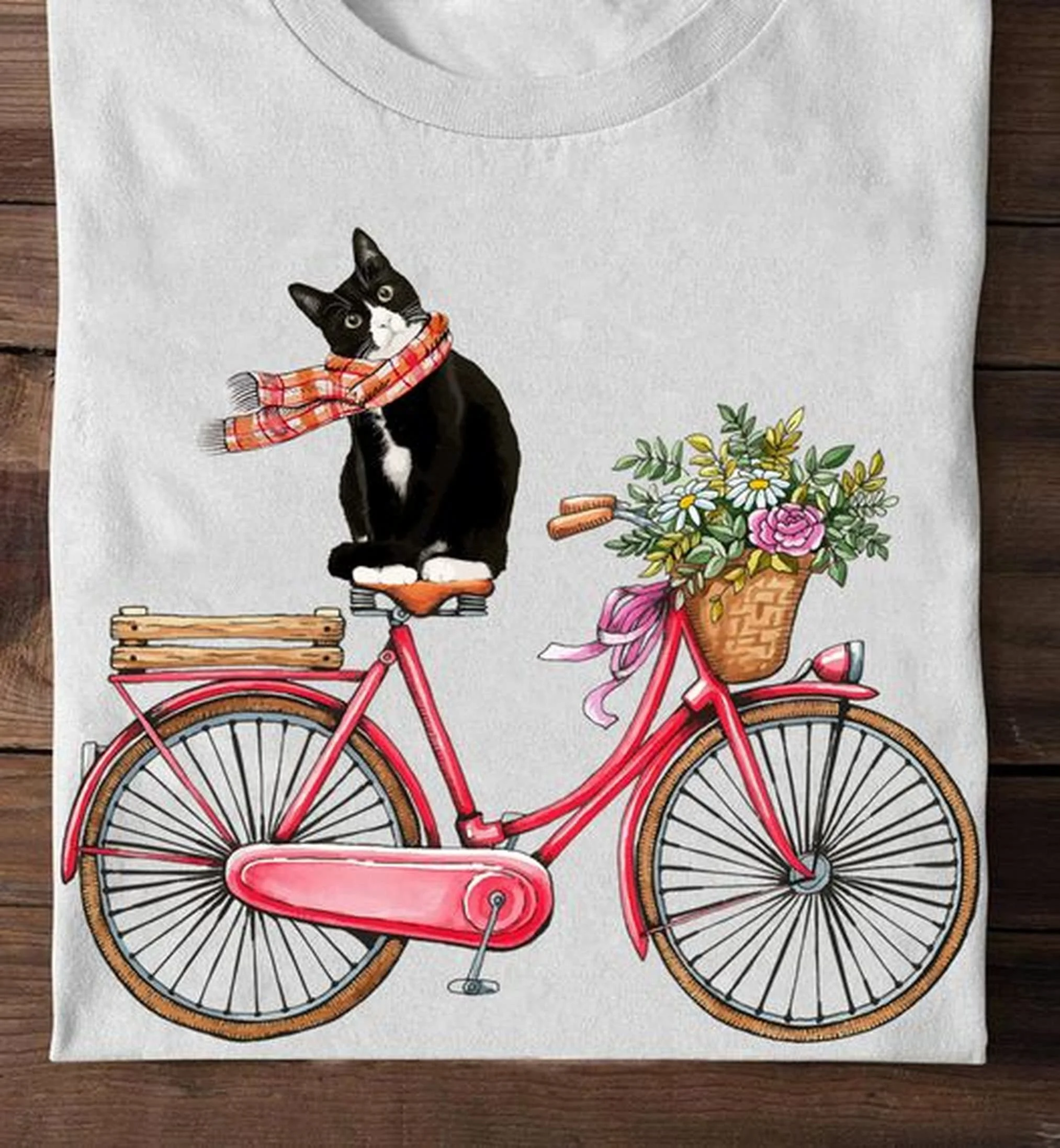 Tuxedo Cat With Scarf Sitting On A Red Floral Bike T shirt For Women Lover Watercolor Mom Present