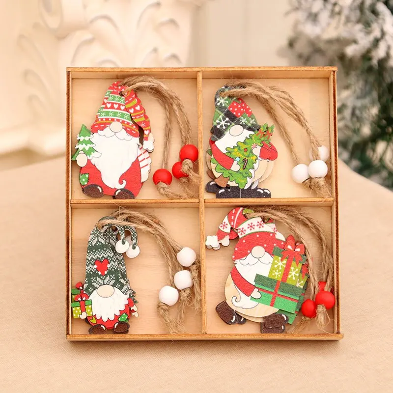 12PCS Christmas Wooden Pendant Elves Snowman Gnome Elk Christmas Tree Decoration Xmas Gifts Navidad New Year Party Decoration