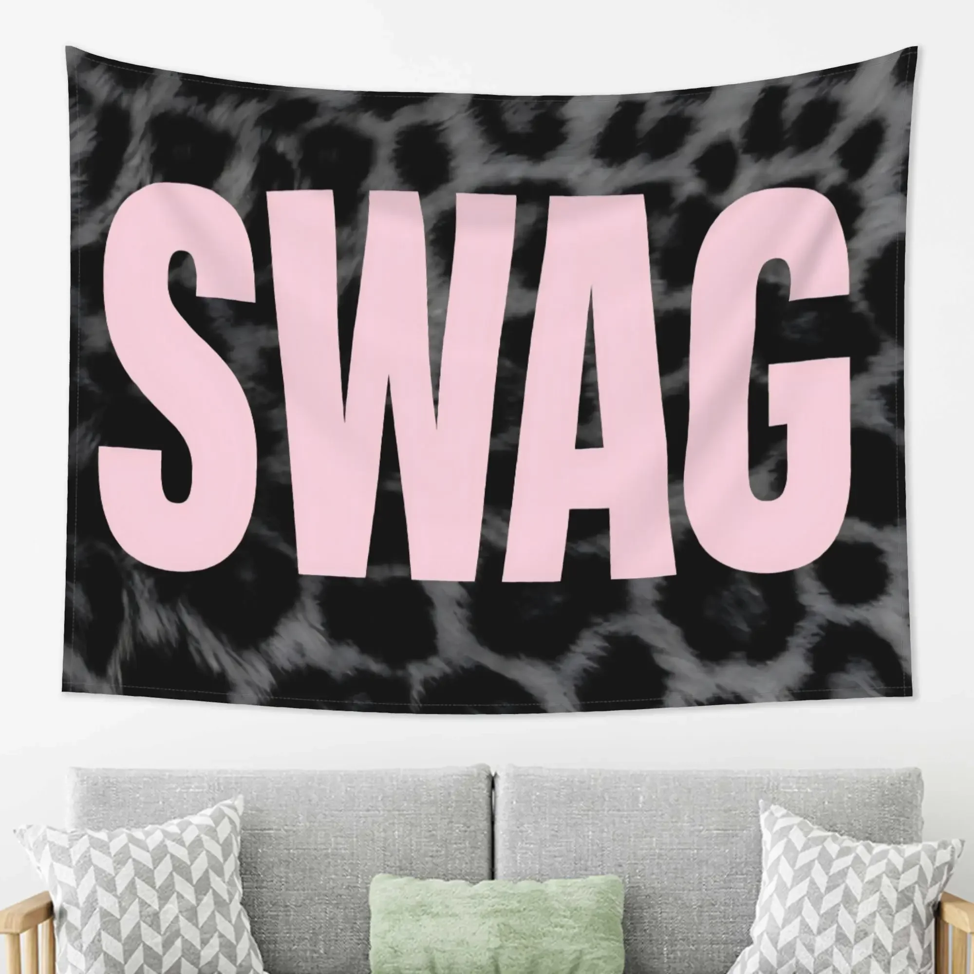 Boho Leopard Print Tapestry Wall Hanging SWAG Word Art Pink Lettering Modern Decor Polyester Art for Living Room and Bedroom Wal