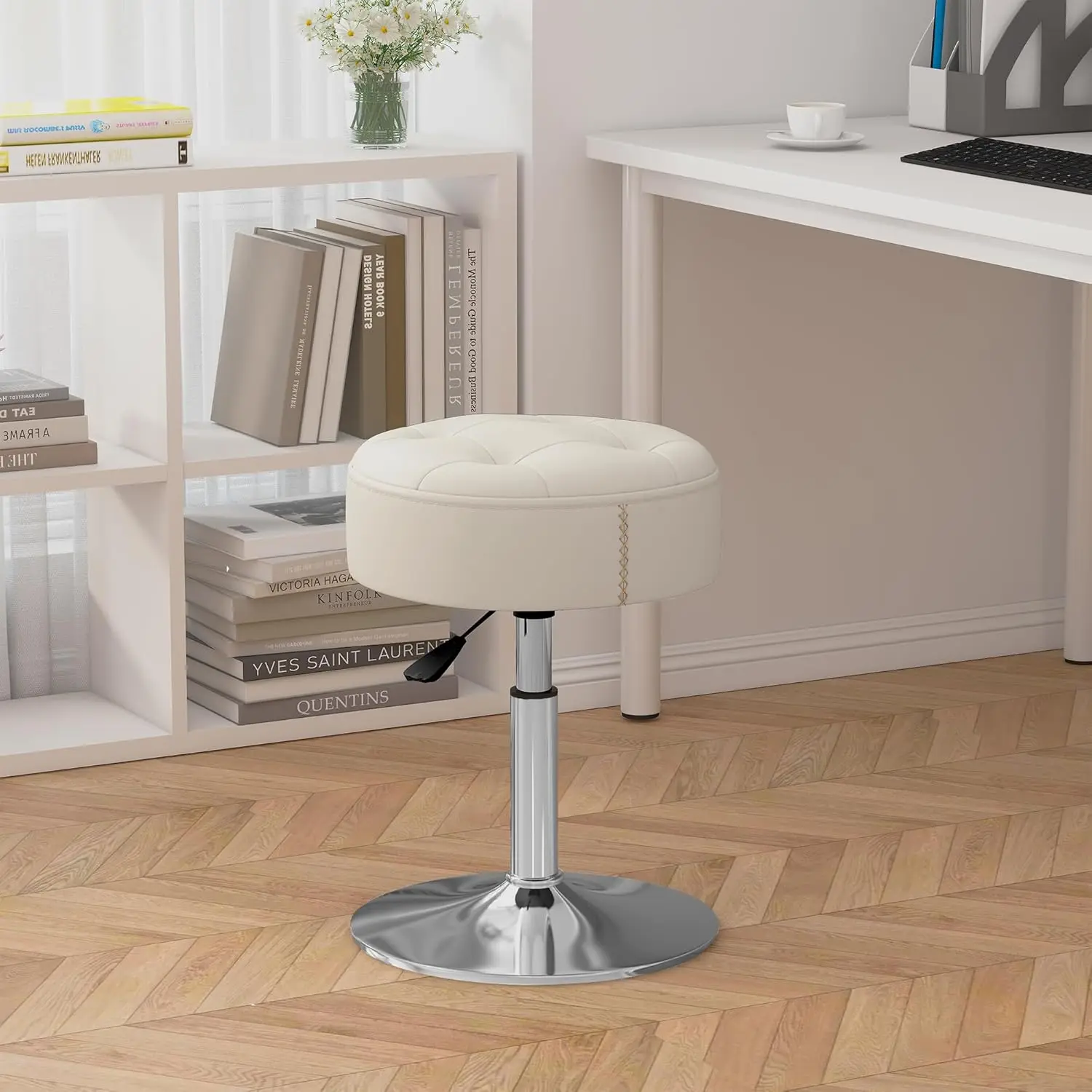 White Adjustable Vanity Stool with 360° Swivel, Heavy Duty 300lbs Capacity, Fire-Resistant for Makeup Desk