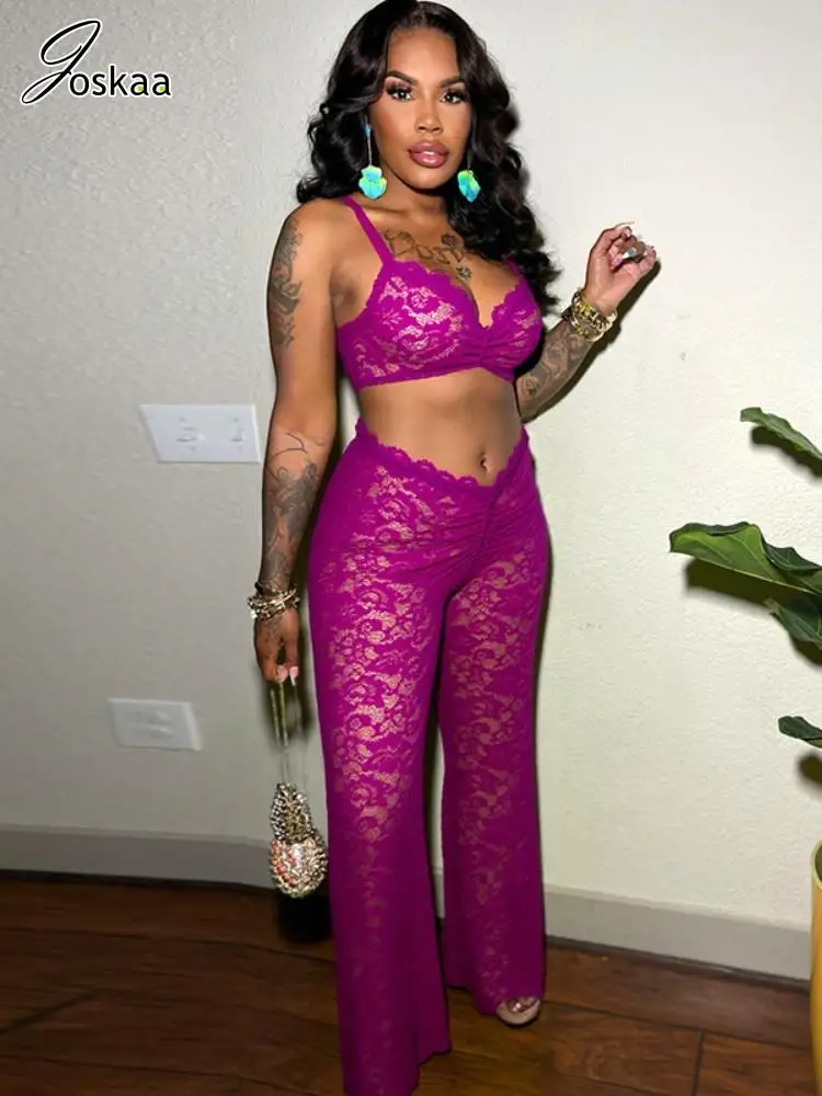 

Joskaa 2025 Women's Jacquard Lace Two Piece Set Sexy See Through Cami Top + V-Cut Flare Pants Matching Midnight Club Outfits